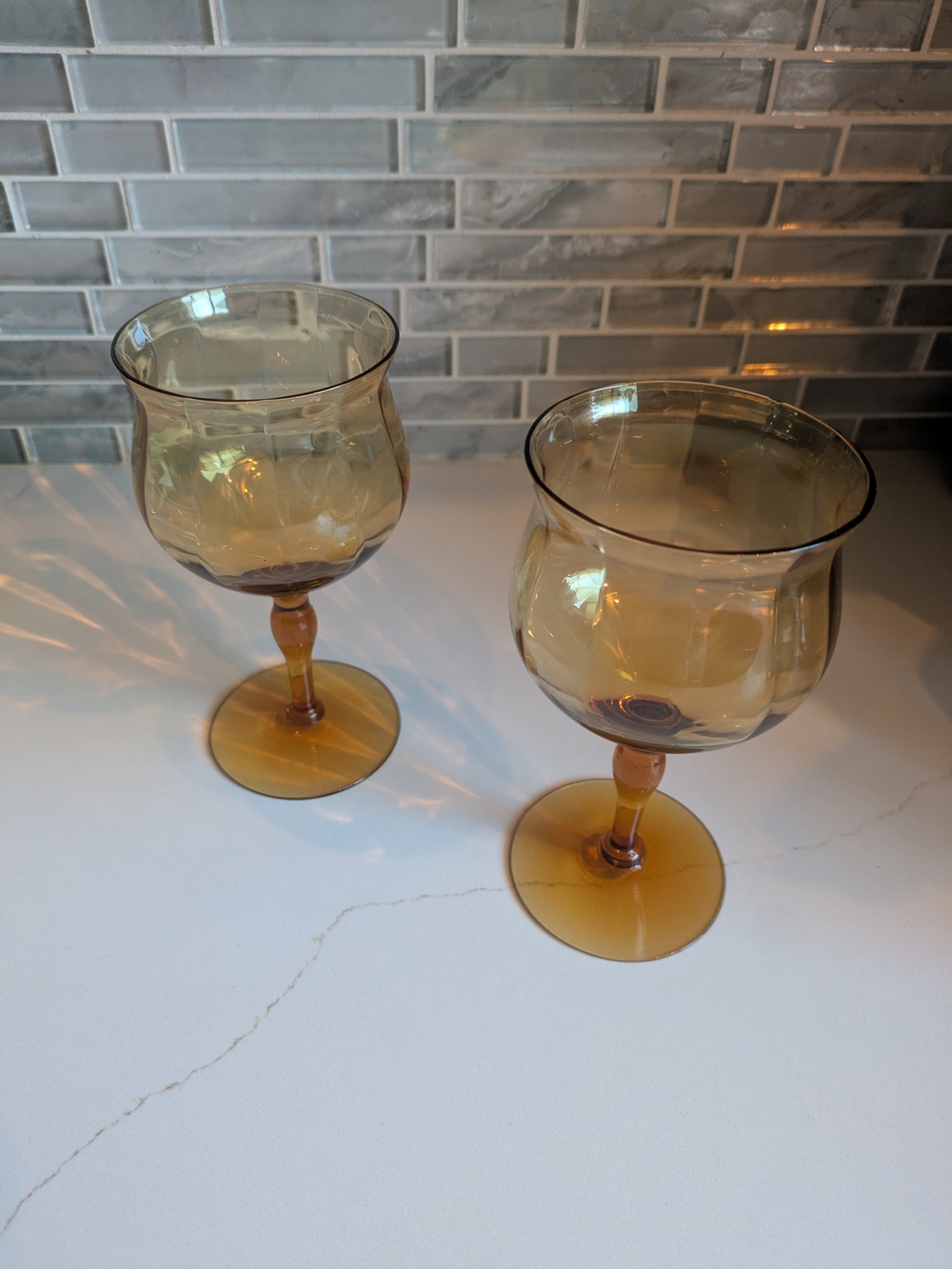 Vintage Amber Glass Goblet Wine Glass - Set of 2